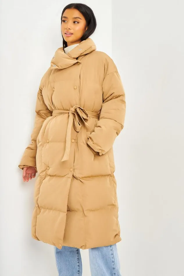 Women Longline Padded Coat With Double Press Studs In Dark Beige Darkbeige Brentiny Paris Parkas And Down Jackets