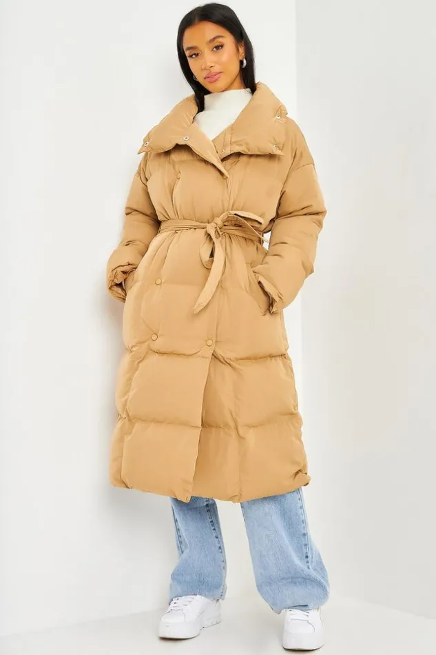 Women Longline Padded Coat With Double Press Studs In Dark Beige Darkbeige Brentiny Paris Parkas And Down Jackets