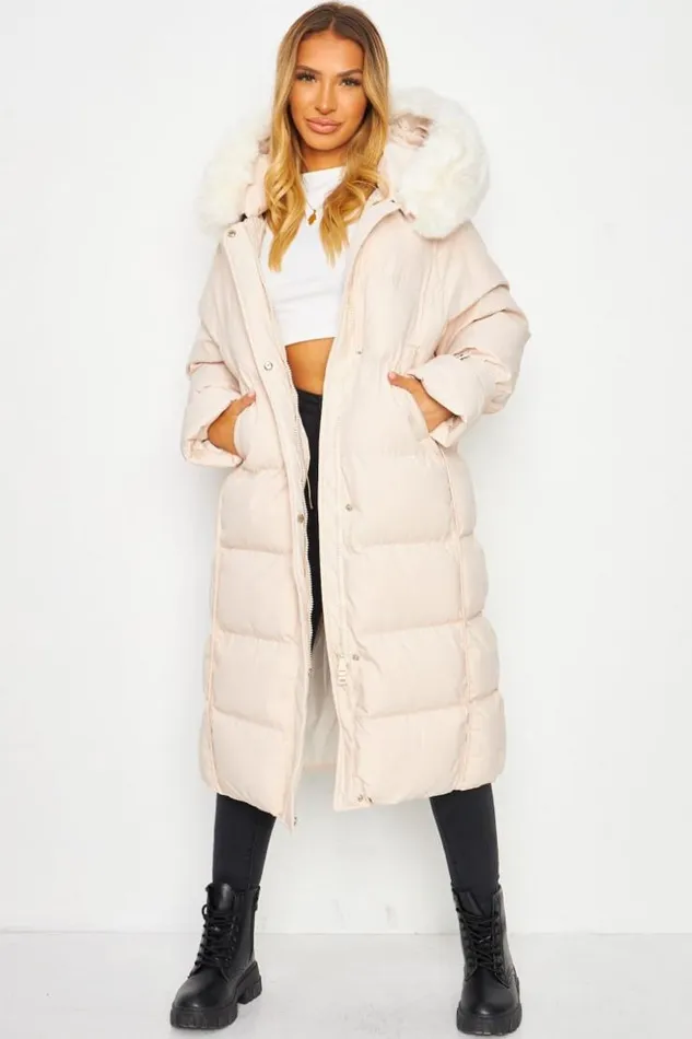 Women Longline Padded Coat With Faux Fur Hood In Beige Beige Brentiny Paris Parkas And Down Jackets Women Longline Padded Coat With Faux Fur Hood In Beige Beige Brentiny Paris Parkas And Down Jackets