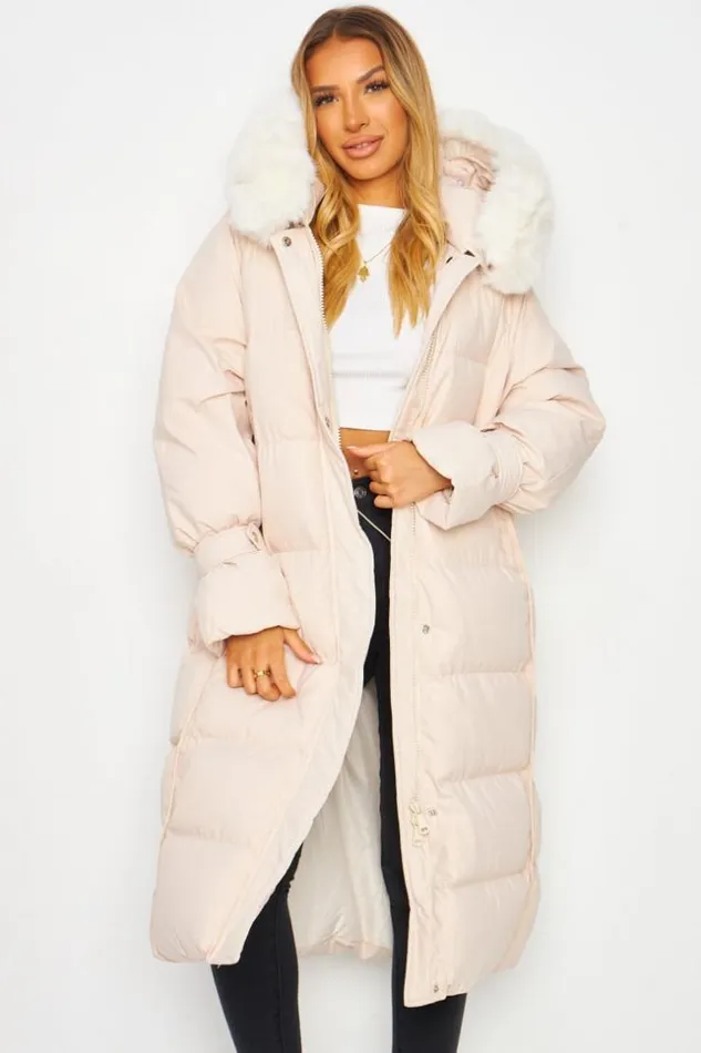 Women Longline Padded Coat With Faux Fur Hood In Beige Beige Brentiny Paris Parkas And Down Jackets
