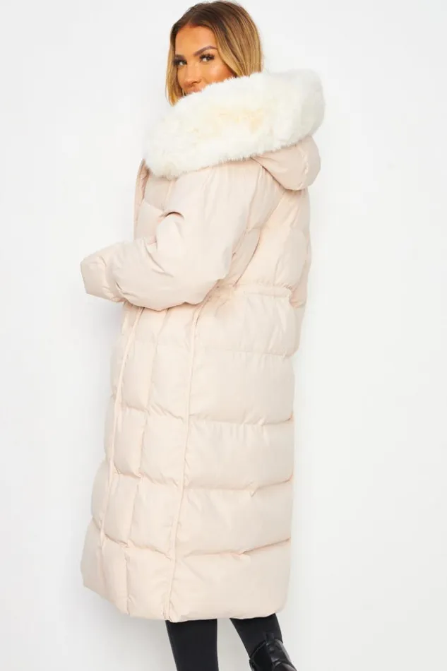 Women Longline Padded Coat With Faux Fur Hood In Beige Beige Brentiny Paris Parkas And Down Jackets