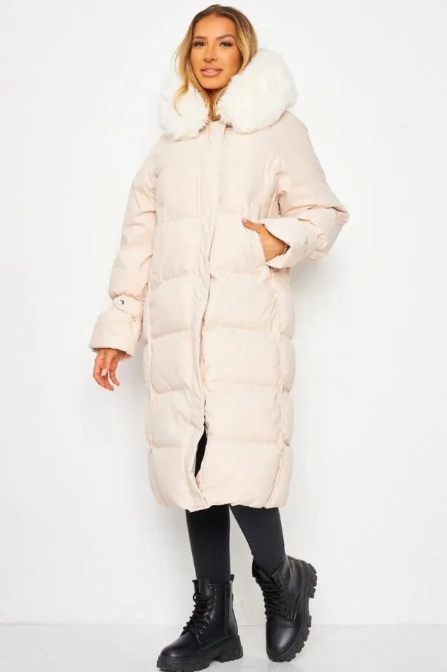 Women Longline Padded Coat With Faux Fur Hood In Beige Beige Brentiny Paris Parkas And Down Jackets