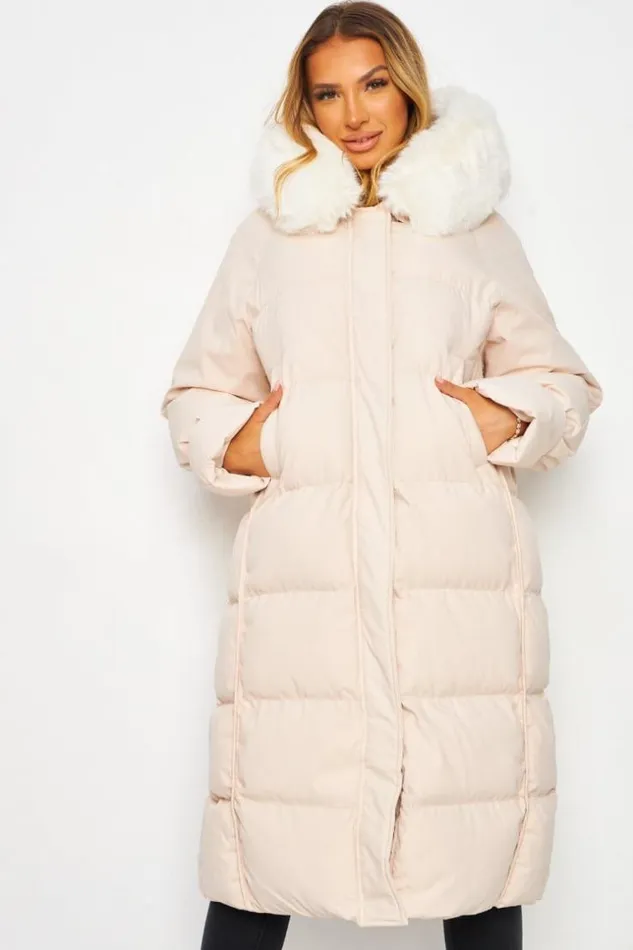 Women Longline Padded Coat With Faux Fur Hood In Beige Beige Brentiny Paris Parkas And Down Jackets