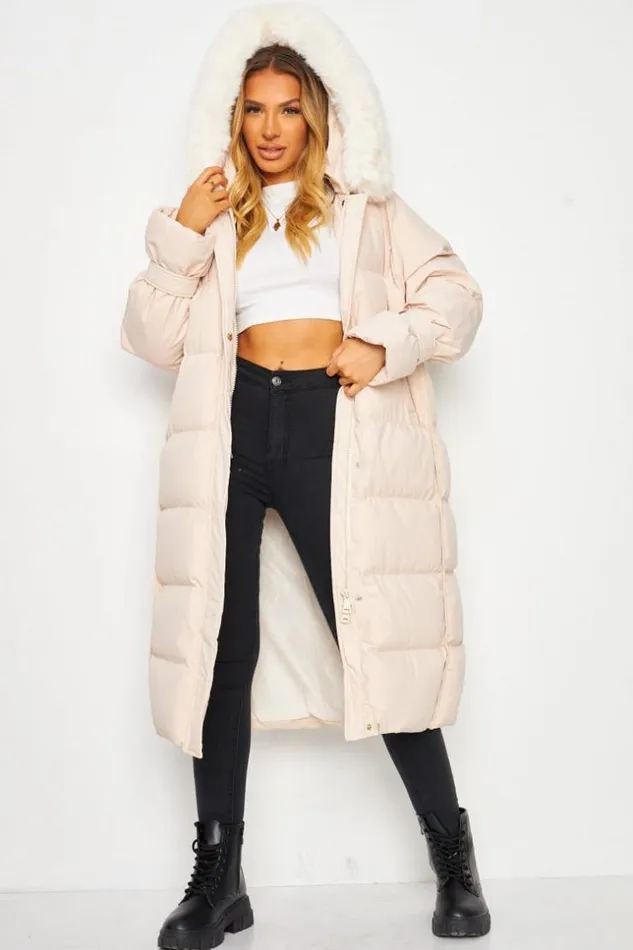 Women Longline Padded Coat With Faux Fur Hood In Beige Beige Brentiny Paris Parkas And Down Jackets