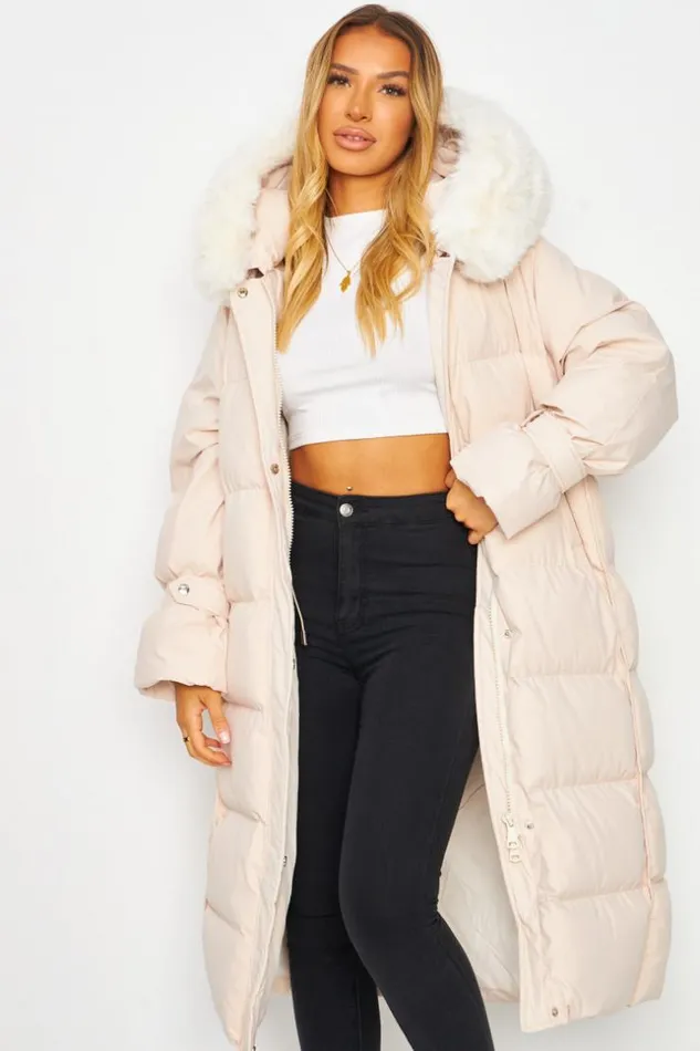 Women Longline Padded Coat With Faux Fur Hood In Beige Beige Brentiny Paris Parkas And Down Jackets