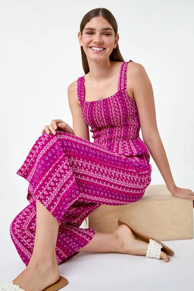 Women Magenta Abstract Stripe Wide Leg Stretch Jumpsuit Roman Dresses