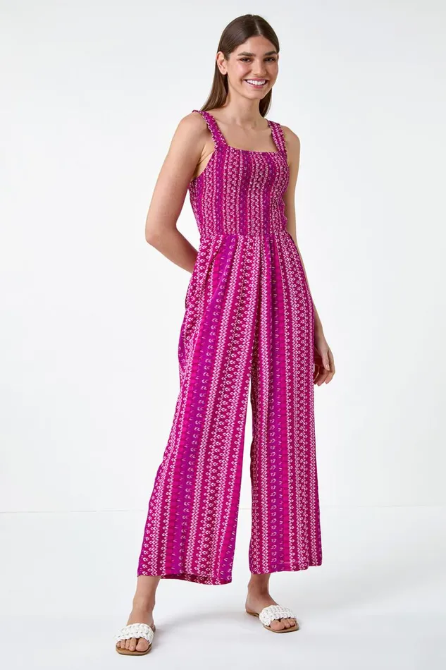 Women Magenta Abstract Stripe Wide Leg Stretch Jumpsuit Roman Dresses