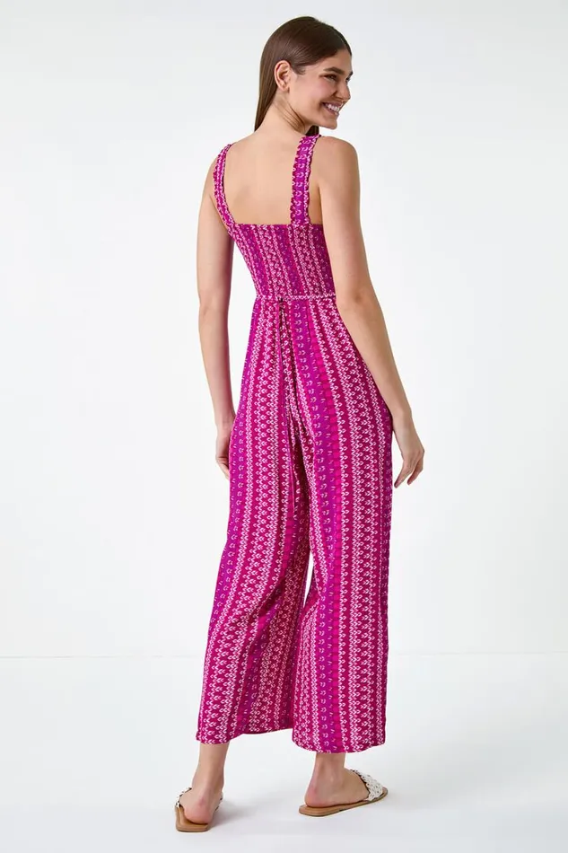 Women Magenta Abstract Stripe Wide Leg Stretch Jumpsuit Roman Dresses