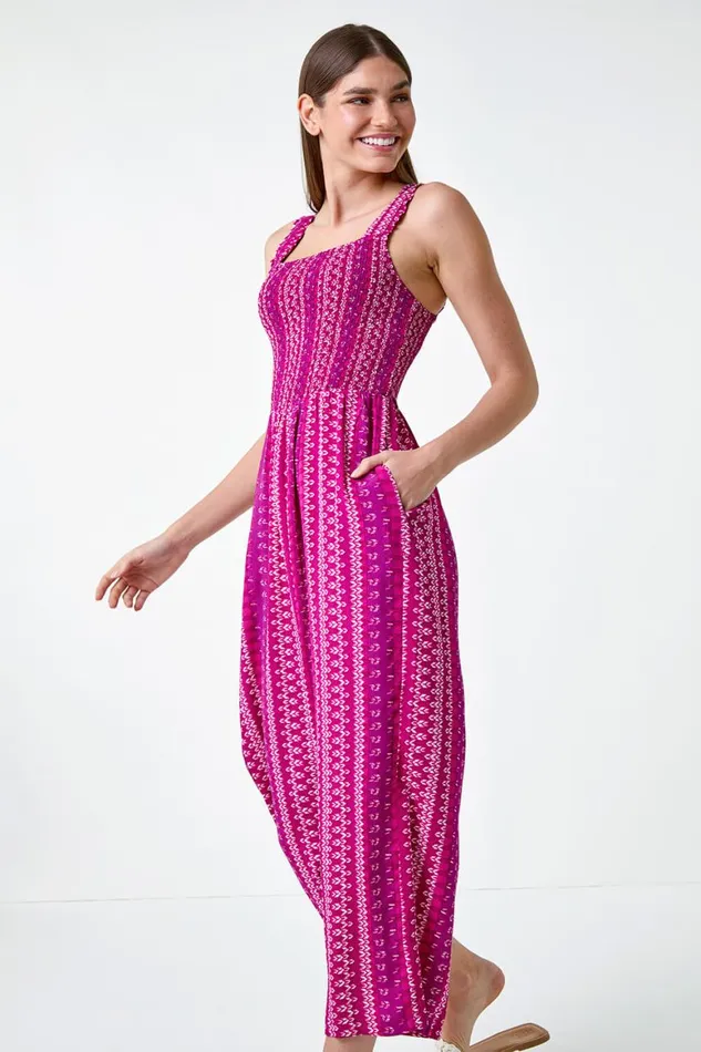Women Magenta Abstract Stripe Wide Leg Stretch Jumpsuit Roman Dresses