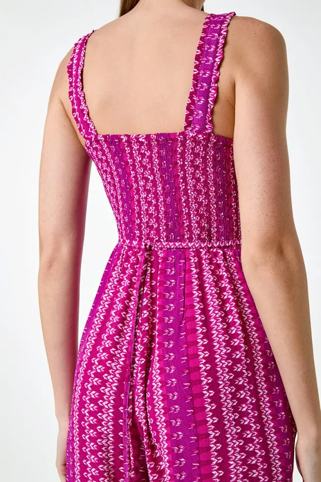 Women Magenta Abstract Stripe Wide Leg Stretch Jumpsuit Roman Dresses