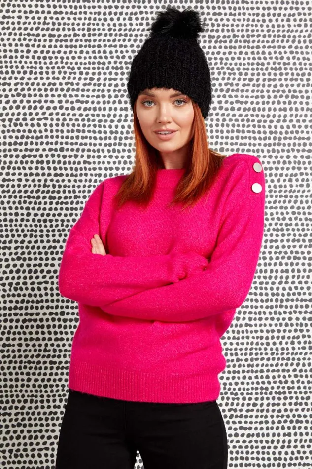 Women Magenta Button Detail Sleeve Jumper Roman Knitwear