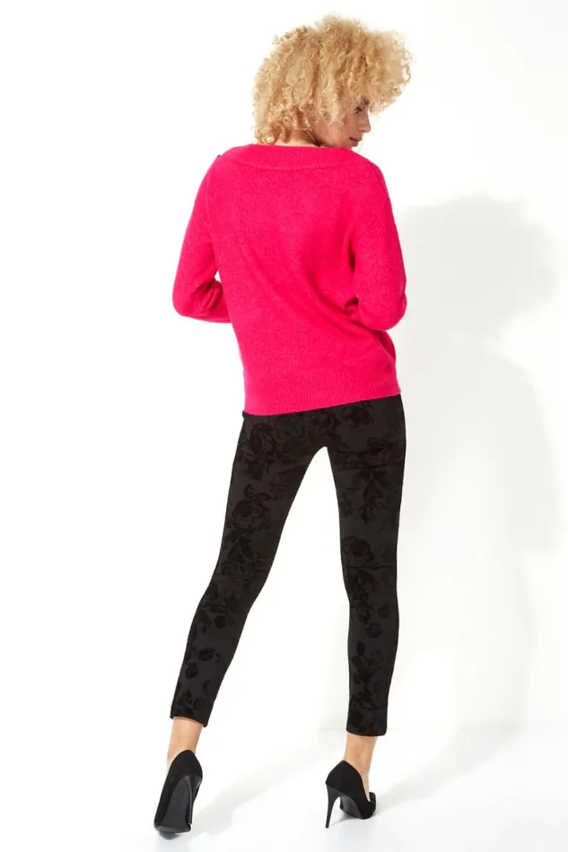 Women Magenta Button Detail Sleeve Jumper Roman Knitwear