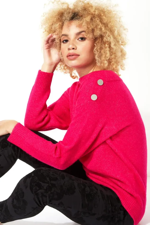 Women Magenta Button Detail Sleeve Jumper Roman Knitwear