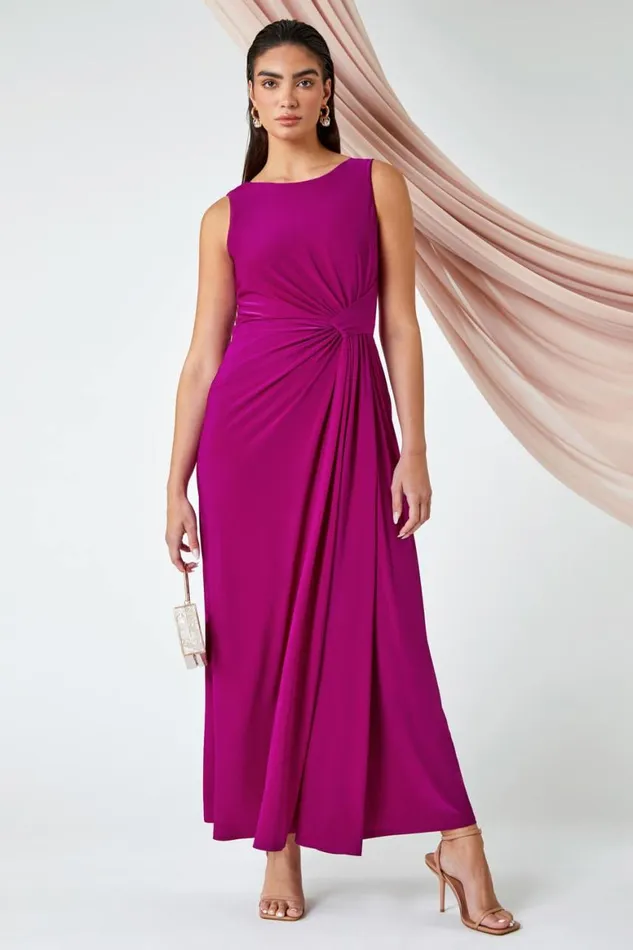 Women Magenta Drape Twist Maxi Stretch Dress Roman Dresses