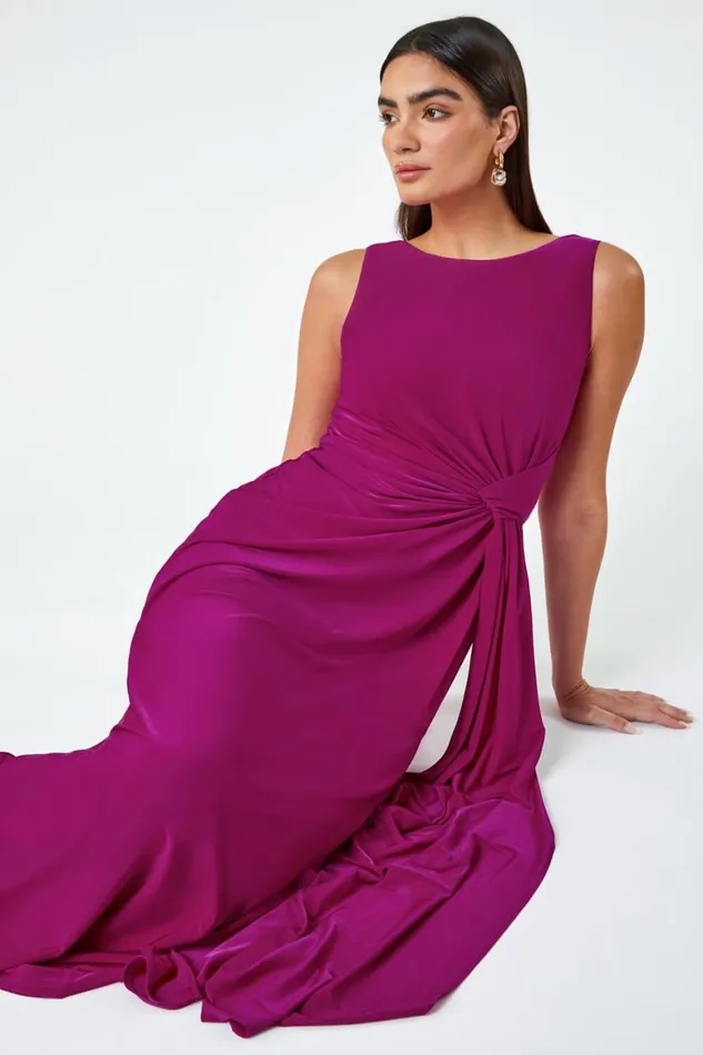 Women Magenta Drape Twist Maxi Stretch Dress Roman Dresses