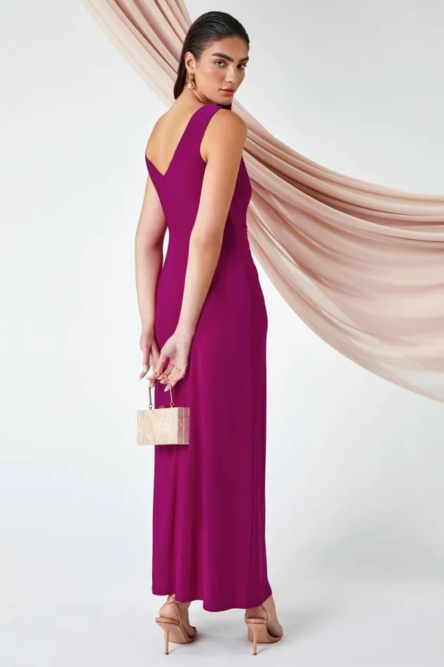 Women Magenta Drape Twist Maxi Stretch Dress Roman Dresses