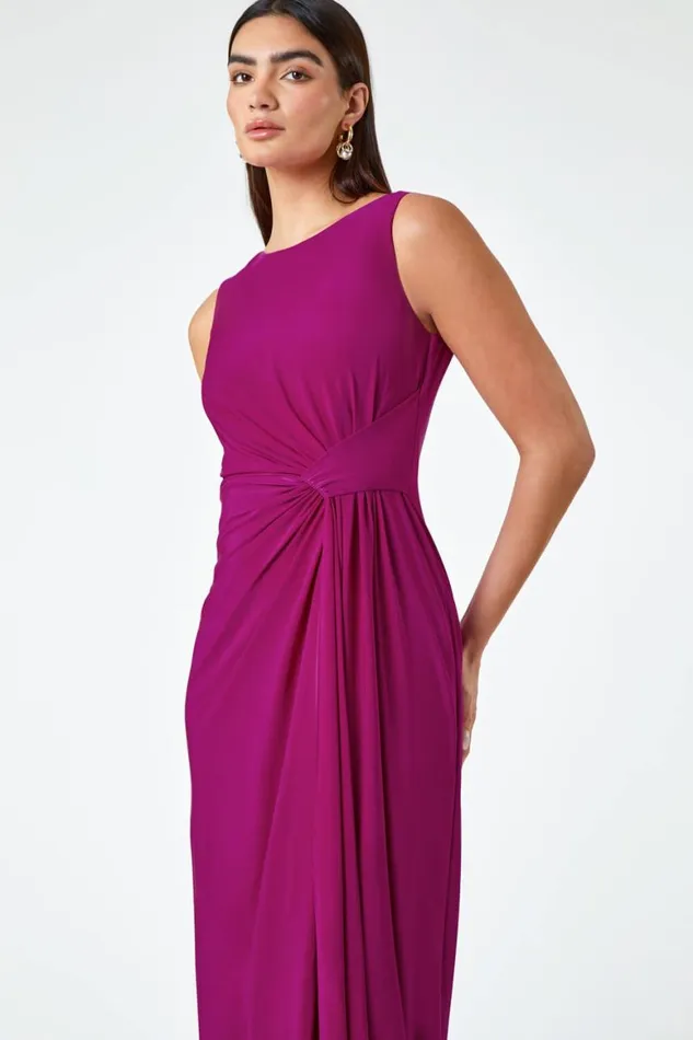 Women Magenta Drape Twist Maxi Stretch Dress Roman Dresses
