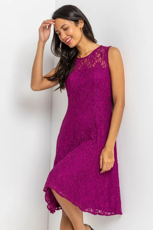 Women Magenta Glitter Lace Fit And Flare Dress Roman Dresses