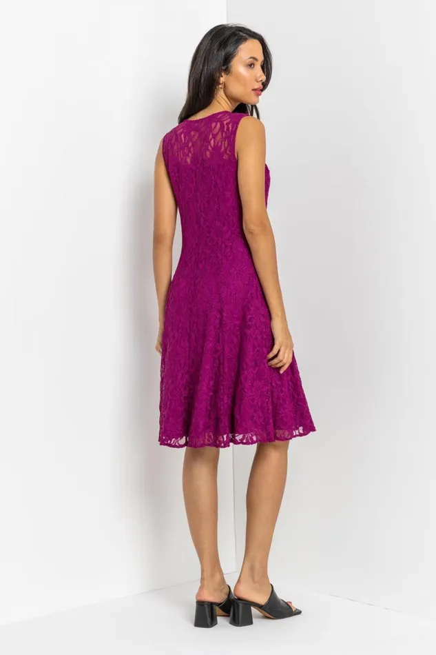 Women Magenta Glitter Lace Fit And Flare Dress Roman Dresses