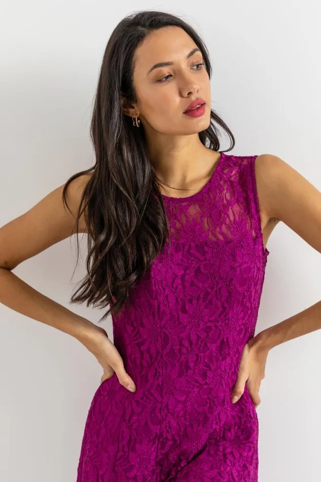 Women Magenta Glitter Lace Fit And Flare Dress Roman Dresses