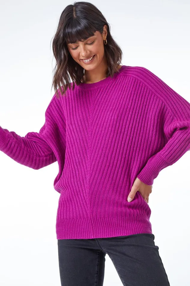 Women Magenta Ribbed Batwing Knitted Jumper Roman Knitwear