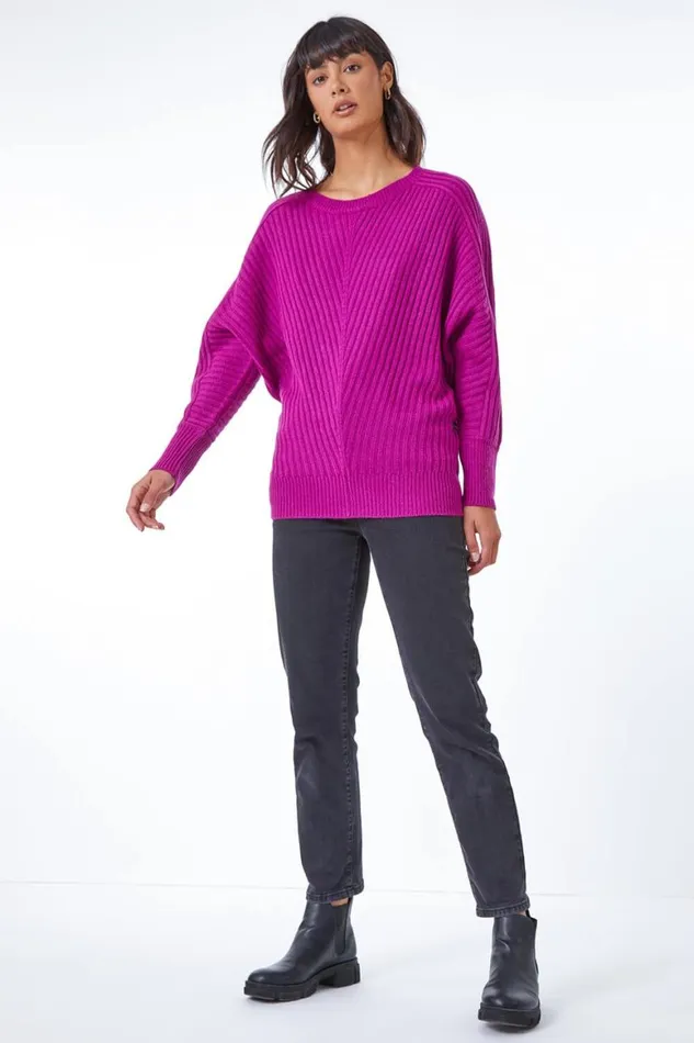 Women Magenta Ribbed Batwing Knitted Jumper Roman Knitwear