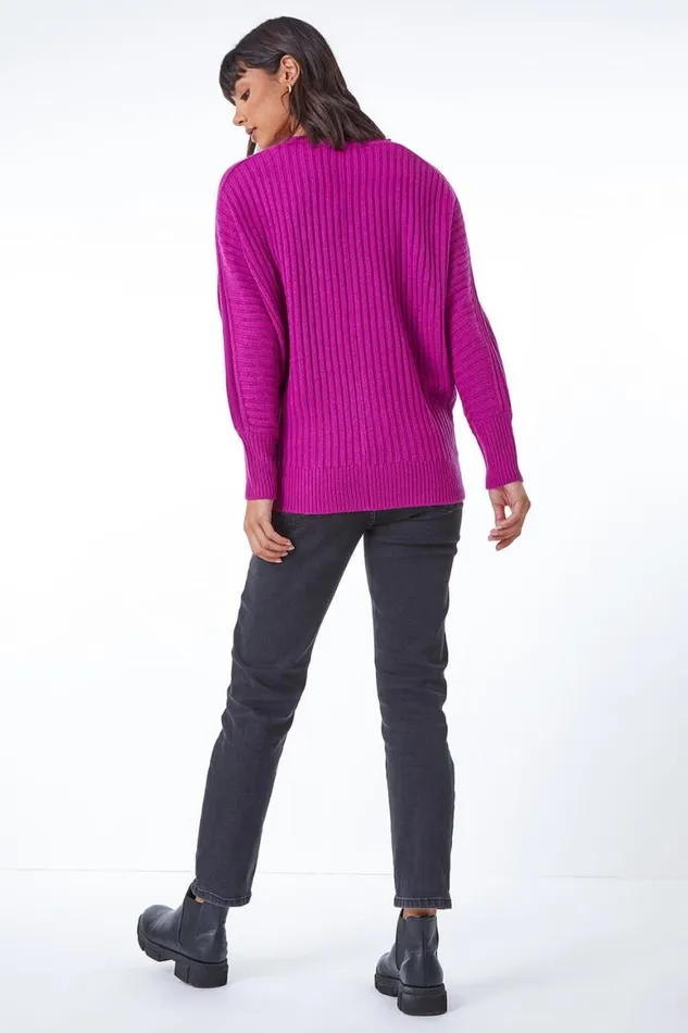 Women Magenta Ribbed Batwing Knitted Jumper Roman Knitwear