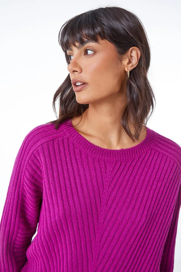 Women Magenta Ribbed Batwing Knitted Jumper Roman Knitwear