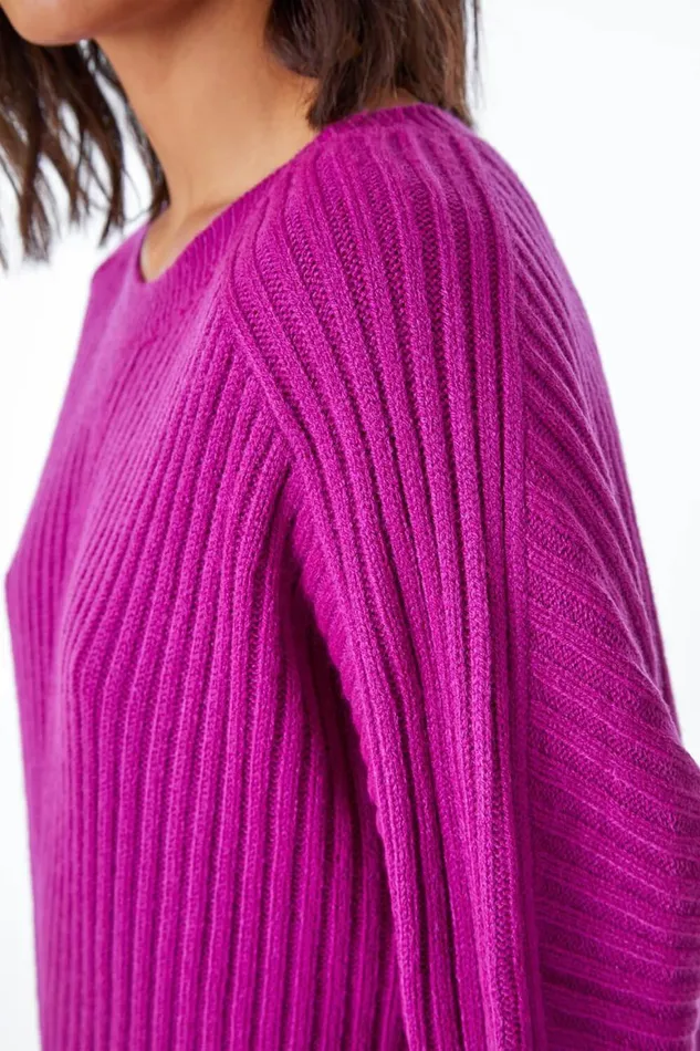 Women Magenta Ribbed Batwing Knitted Jumper Roman Knitwear