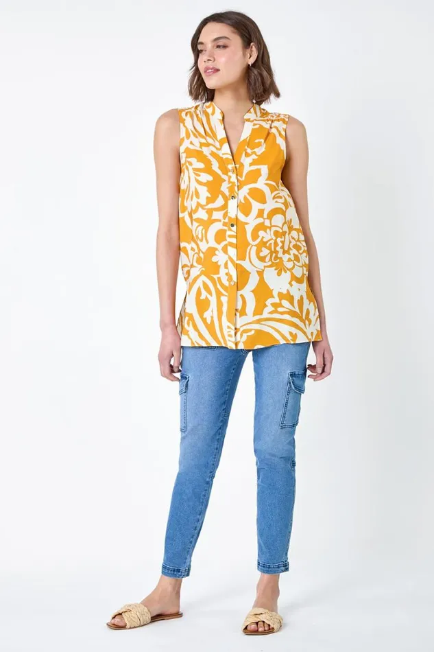 Women Mango Floral Print Sleeveless VNeck Button Blouse Roman Tops
