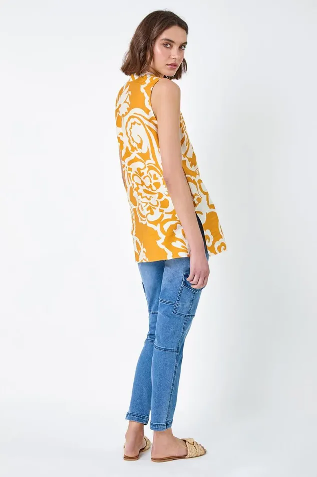 Women Mango Floral Print Sleeveless VNeck Button Blouse Roman Tops