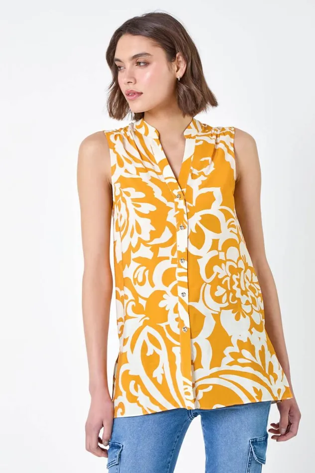 Women Mango Floral Print Sleeveless VNeck Button Blouse Roman Tops