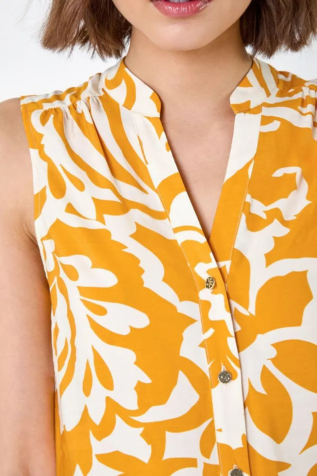 Women Mango Floral Print Sleeveless VNeck Button Blouse Roman Tops