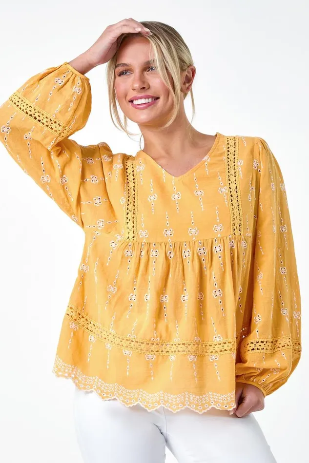 Women Mango Petite Embroidered VNeck Cotton Smock Top Roman Tops