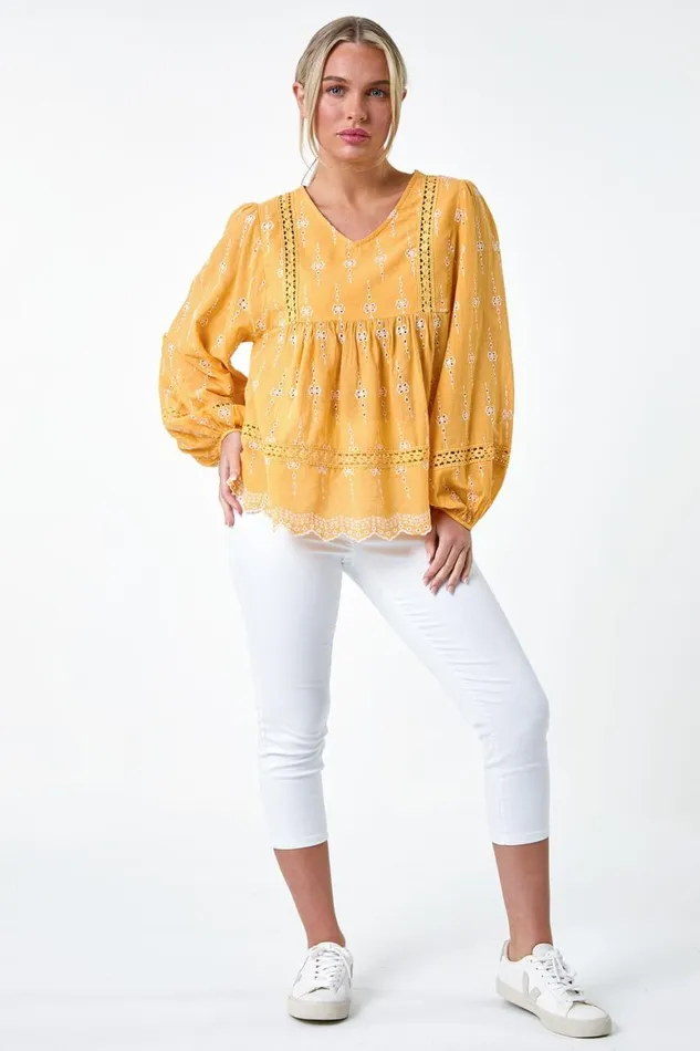 Women Mango Petite Embroidered VNeck Cotton Smock Top Roman Tops