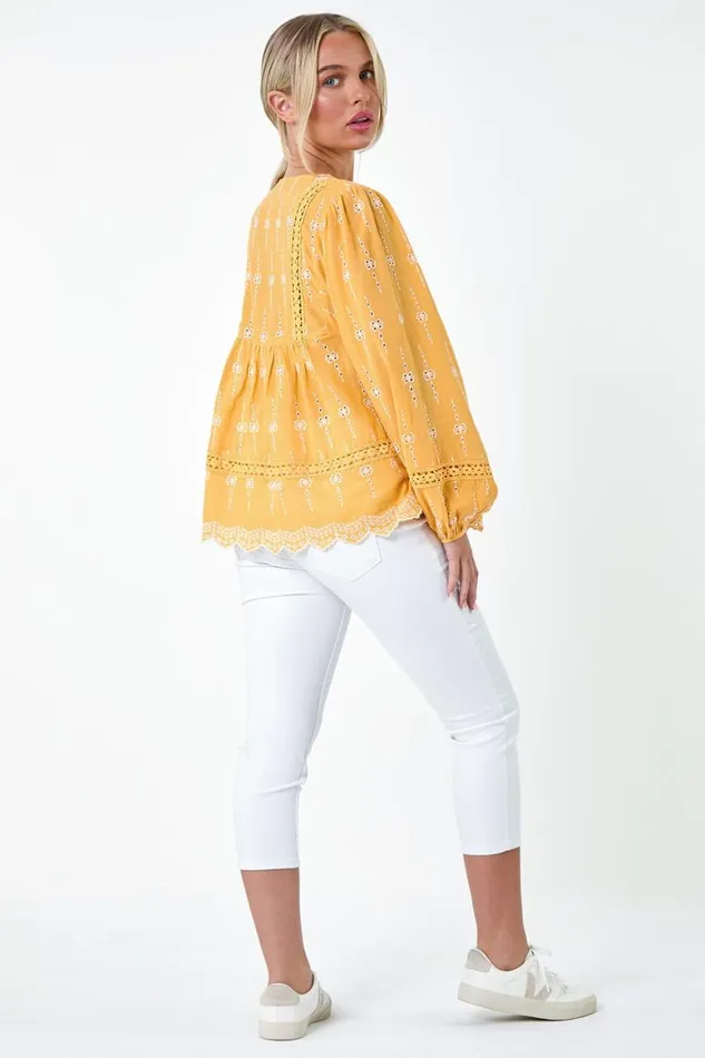 Women Mango Petite Embroidered VNeck Cotton Smock Top Roman Tops