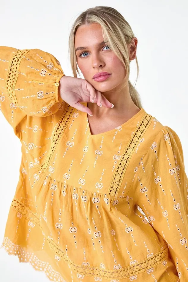 Women Mango Petite Embroidered VNeck Cotton Smock Top Roman Tops