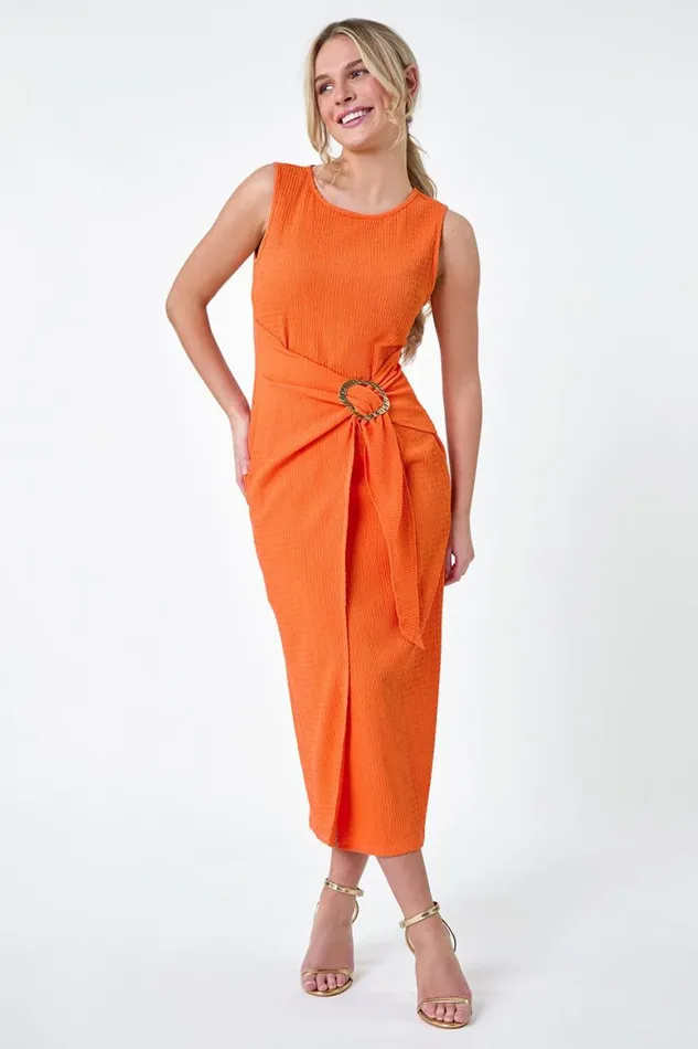 Women Mango Petite Textured Buckle Wrap Dress Roman Dresses