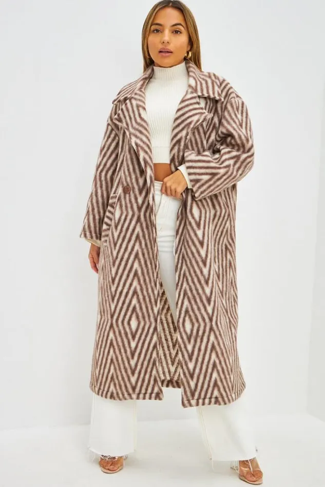 Women Manteau En Laine Marron Et Blanc Motif Losanges Brown Brentiny Paris Jackets