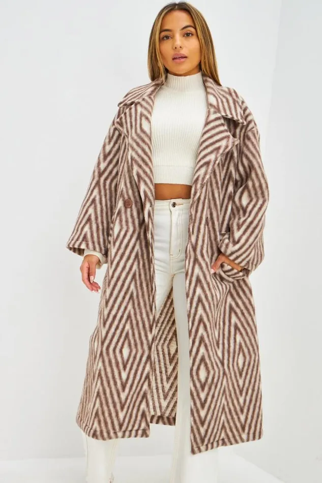 Women Manteau En Laine Marron Et Blanc Motif Losanges Brown Brentiny Paris Jackets