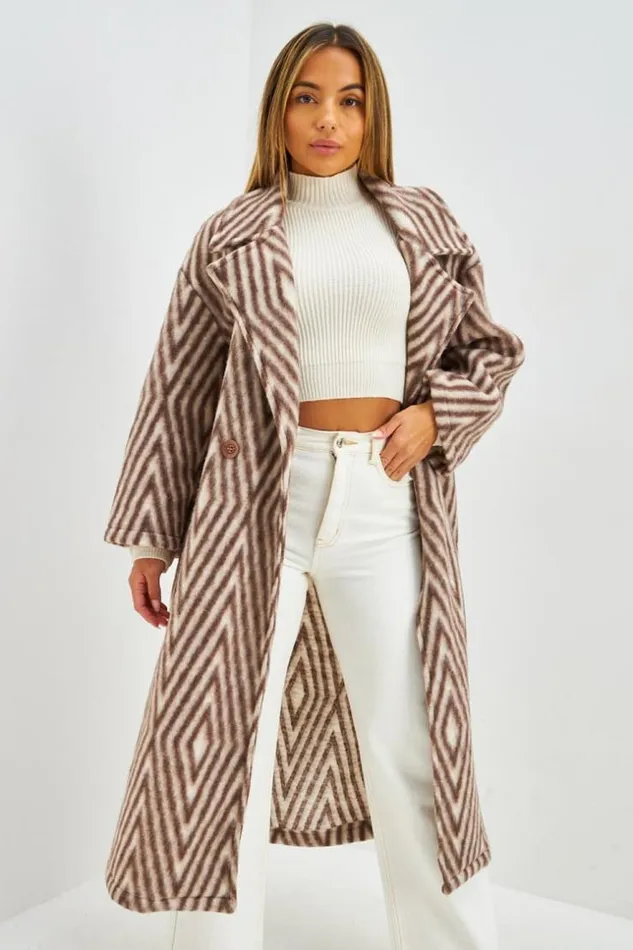 Women Manteau En Laine Marron Et Blanc Motif Losanges Brown Brentiny Paris Jackets