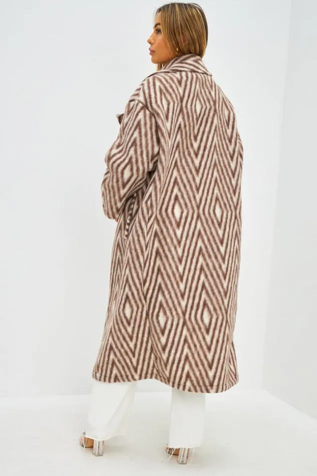 Women Manteau En Laine Marron Et Blanc Motif Losanges Brown Brentiny Paris Jackets