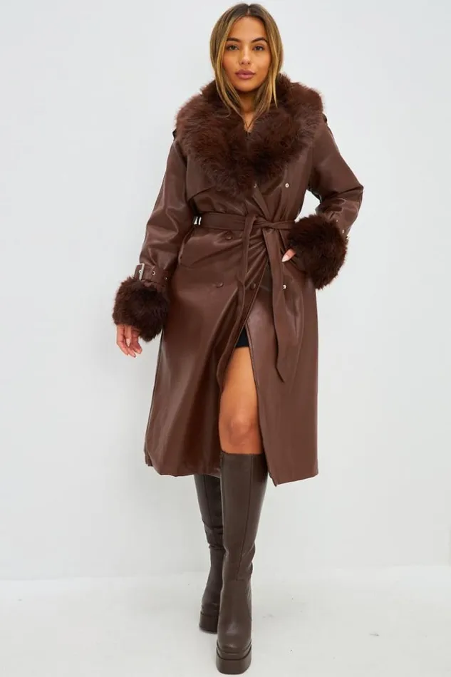 Women Manteau Long En Simili Cuir Marron Et Fourrure Brown Brentiny Paris Coats