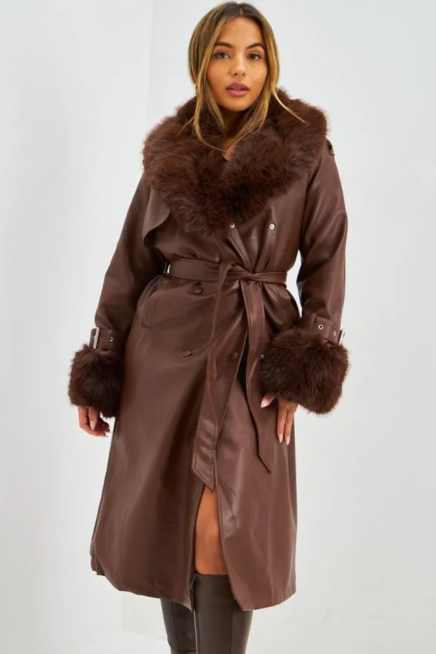 Women Manteau Long En Simili Cuir Marron Et Fourrure Brown Brentiny Paris Coats Women Manteau Long En Simili Cuir Marron Et Fourrure Brown Brentiny Paris Coats