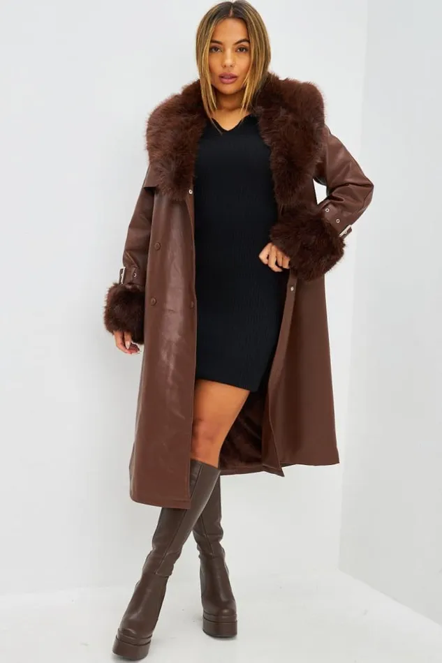 Women Manteau Long En Simili Cuir Marron Et Fourrure Brown Brentiny Paris Coats Women Manteau Long En Simili Cuir Marron Et Fourrure Brown Brentiny Paris Coats