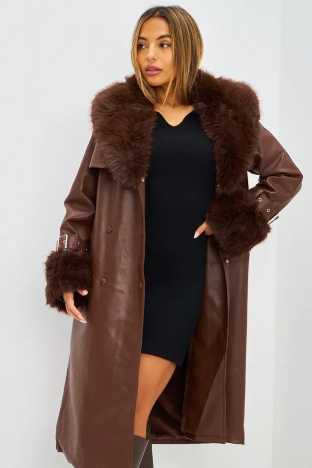 Women Manteau Long En Simili Cuir Marron Et Fourrure Brown Brentiny Paris Coats Women Manteau Long En Simili Cuir Marron Et Fourrure Brown Brentiny Paris Coats