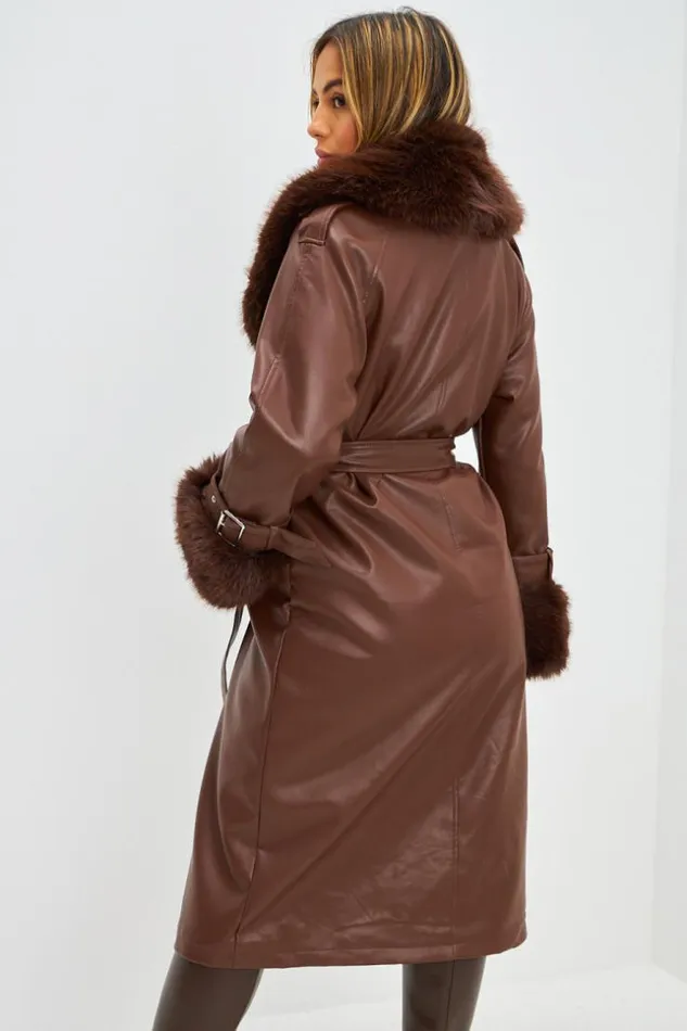 Women Manteau Long En Simili Cuir Marron Et Fourrure Brown Brentiny Paris Coats Women Manteau Long En Simili Cuir Marron Et Fourrure Brown Brentiny Paris Coats
