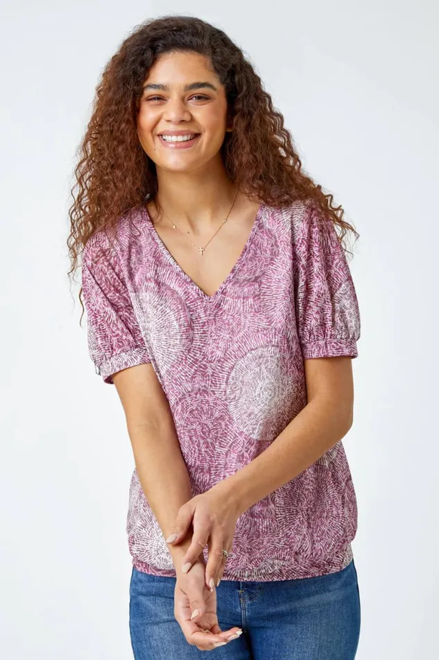 Women Maroon Abstract Circle Print VNeck Blouson Top Roman Tops