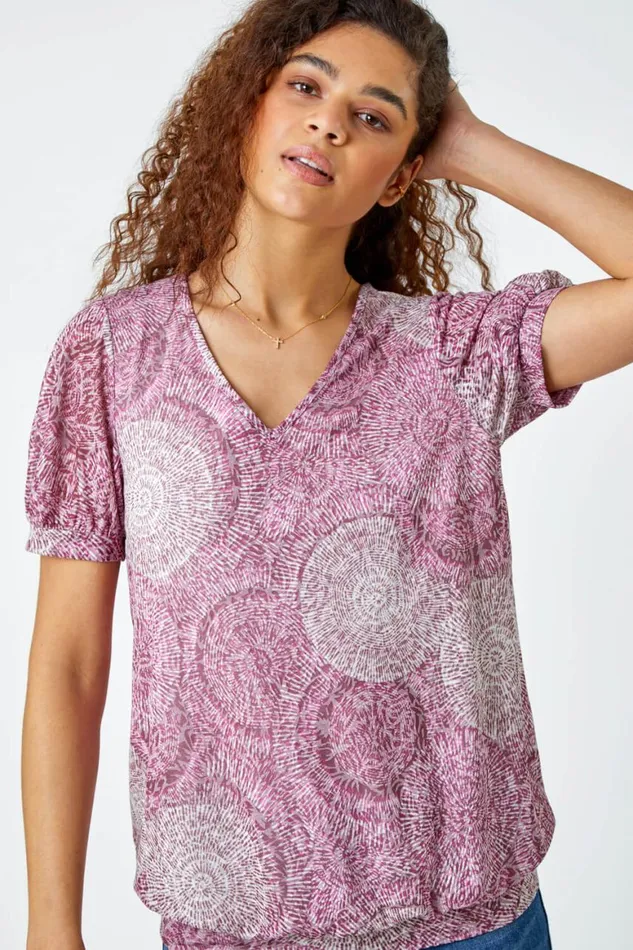 Women Maroon Abstract Circle Print VNeck Blouson Top Roman Tops