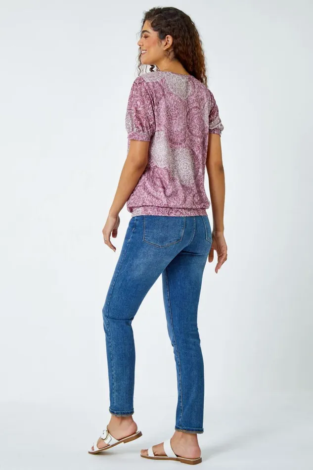 Women Maroon Abstract Circle Print VNeck Blouson Top Roman Tops